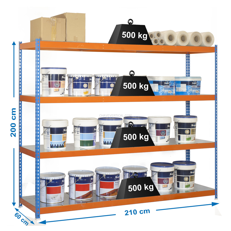 Estante Metálica SIMONFORTE 2106-4 METAL AZUL/Laranja/Galvanizado - 2000 x 2100 x 600 mm