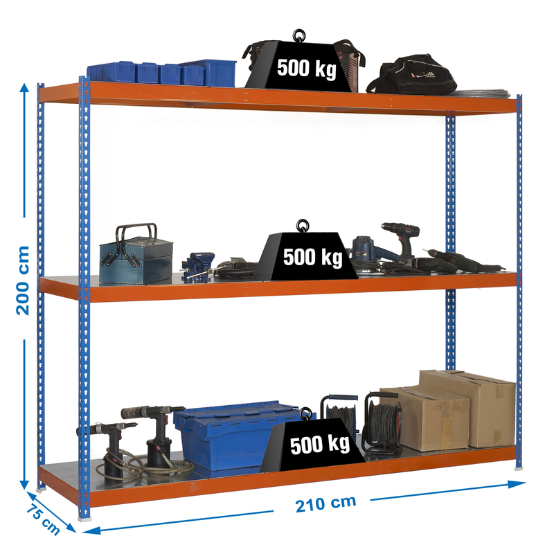 Estante Metálica SIMONFORTE 2107-3 METAL AZUL/Laranja/Galvanizado - 2000 x 2100 x 750 mm