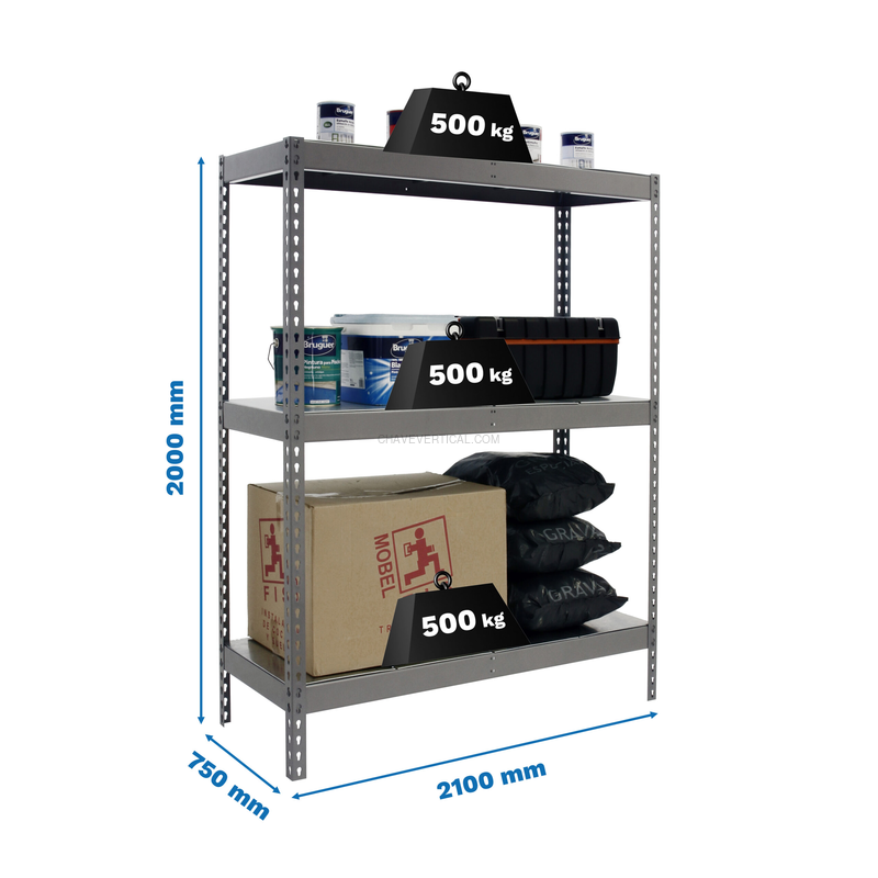 Estante Metálica SIMONFORTE 2107-3 METAL Cinzento/Galvanizado - 2000 x 2100 x 750 mm