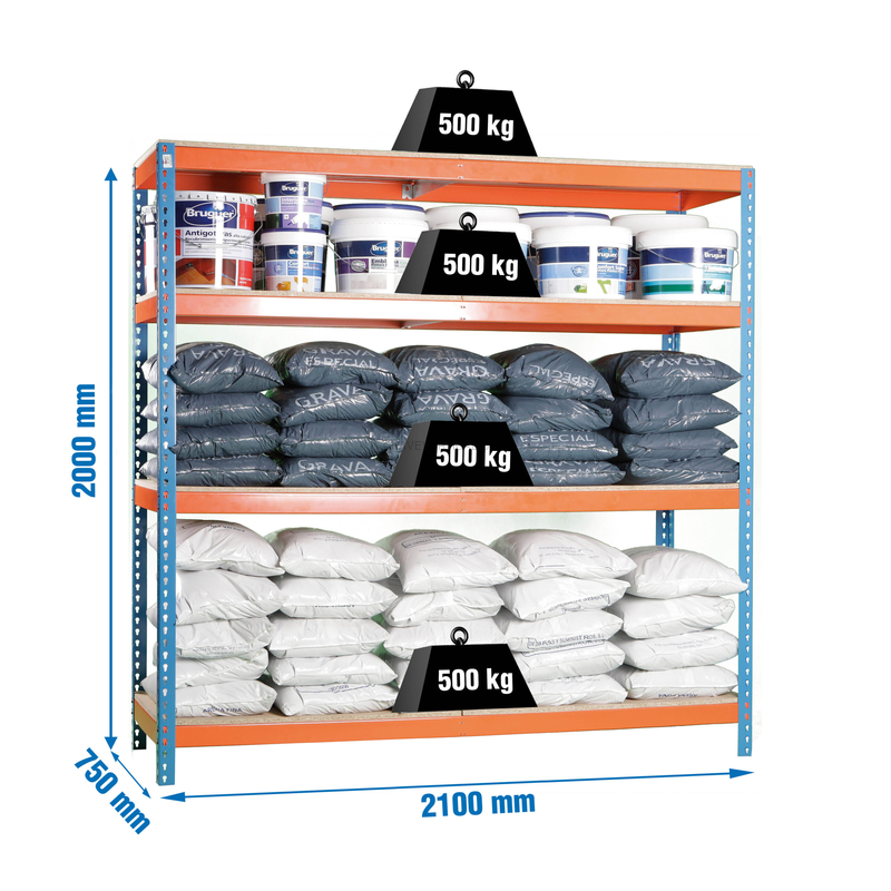Estante Metálica SIMONFORTE 2107-4 Aglomerado Azul/Laranja/Madeira - 2000 x 2100 x 750 mm