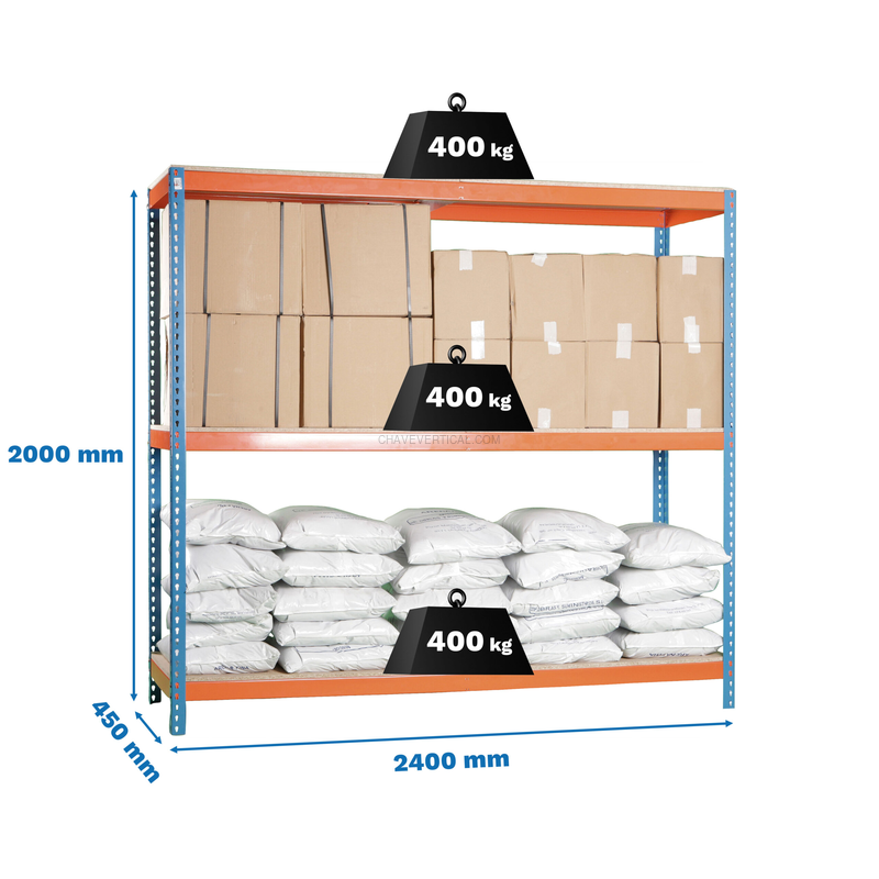 Estante Metálica SIMONFORTE 2404-3 Aglomerado Azul/Laranja/Madeira - 2000 x 2400 x 450 mm