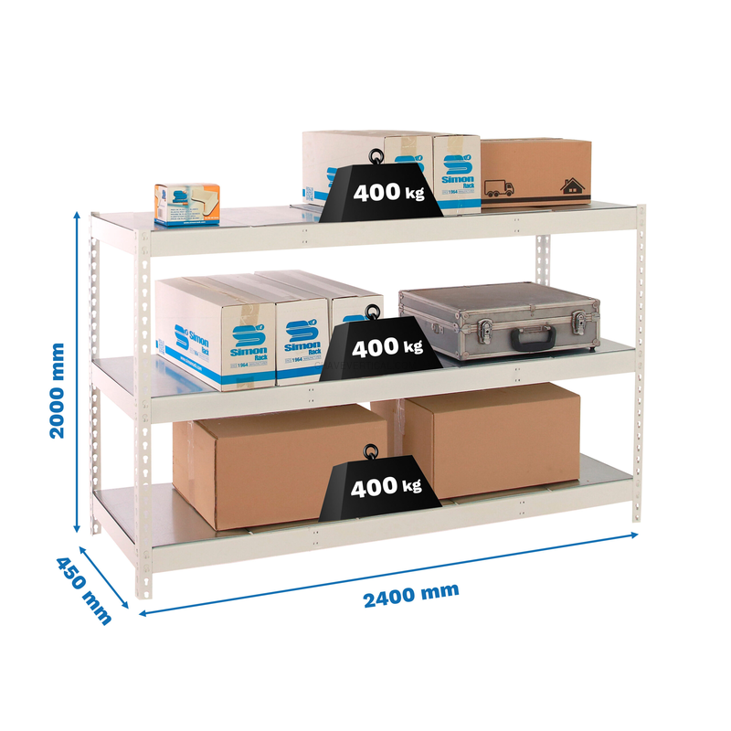 Estante Metálica SIMONFORTE 2404-3 METAL Branco/Galvanizado - 2000 x 2400 x 450 mm