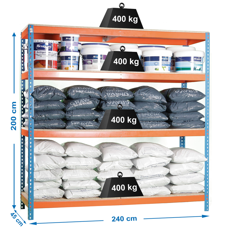 Estante Metálica SIMONFORTE 2404-4 Aglomerado Azul/Laranja/Madeira - 2000 x 2400 x 450 mm