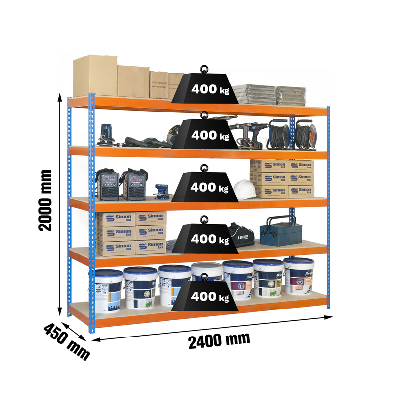 Estante Metálica SIMONFORTE 2404-5 Aglomerado Azul/Laranja/Madeira - 2000 x 2400 x 450 mm