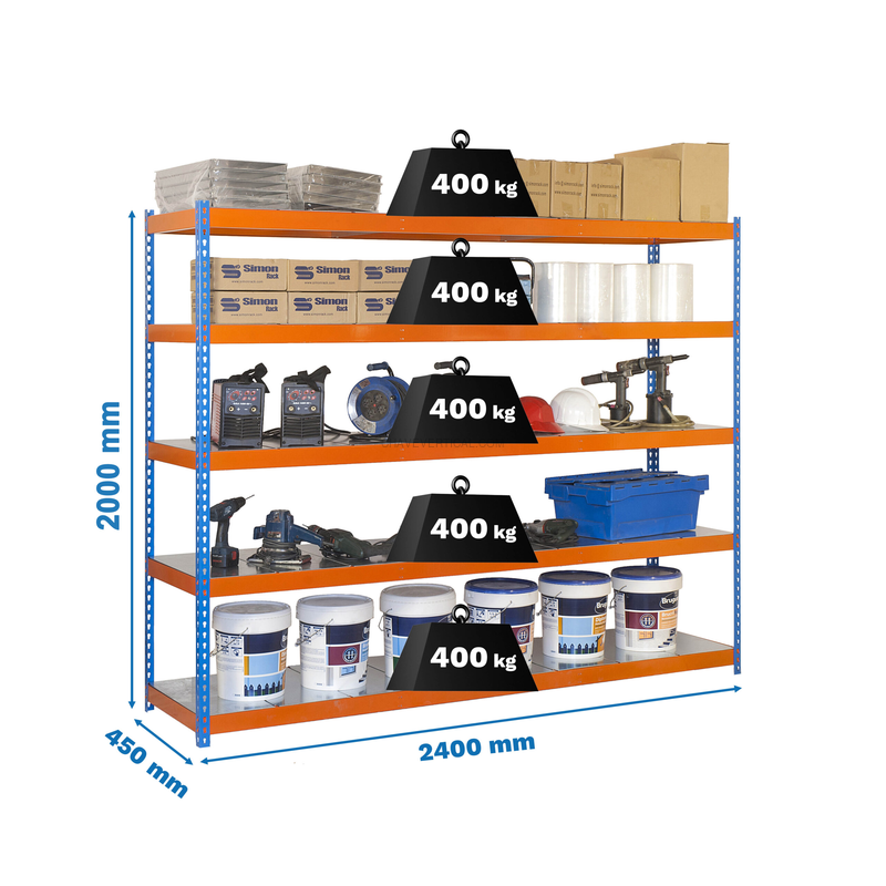 Estante Metálica SIMONFORTE 2404-5 METAL AZUL/Laranja/Galvanizado - 2000 x 2400 x 450 mm