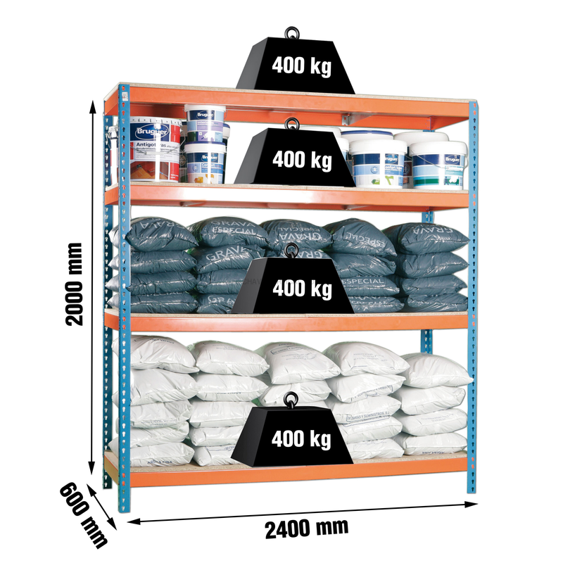Estante Metálica SIMONFORTE 2406-4 Aglomerado Azul/Laranja/Madeira - 2000 x 2400 x 600 mm