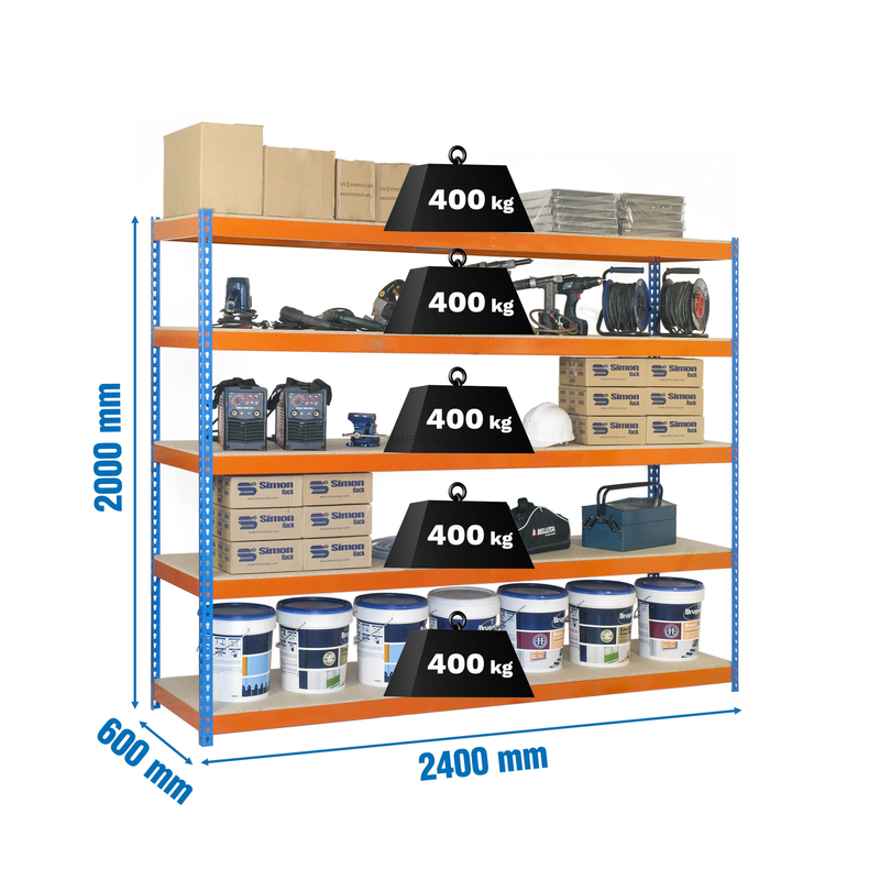 Estante Metálica SIMONFORTE 2406-5 Aglomerado Azul/Laranja/Madeira - 2000 x 2400 x 600 mm