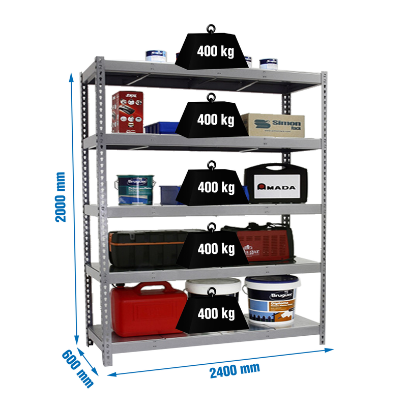 Estante Metálica SIMONFORTE 2406-5 METAL Cinzento/Galvanizado - 2000 x 2400 x 600 mm