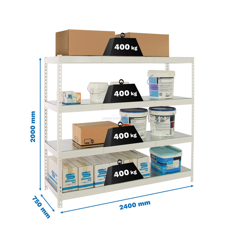 Estante Metálica SIMONFORTE 2407-4 METAL Branco/Galvanizado - 2000 x 2400 x 750 mm
