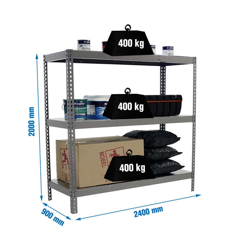 Estante Metálica SIMONFORTE 2409-3 METAL Cinzento/Galvanizado - 2000 x 2400 x 900 mm
