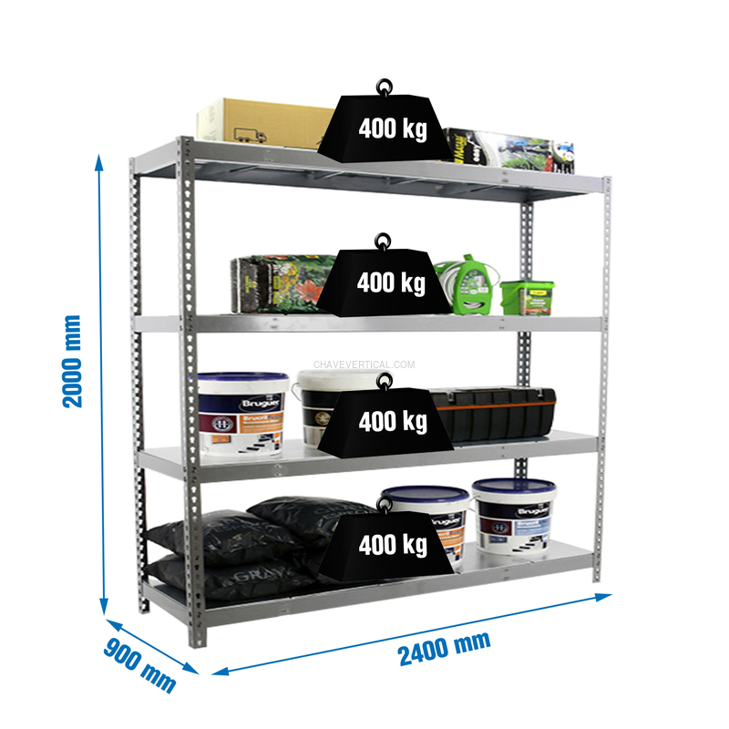 Estante Metálica SIMONFORTE 2409-4 METAL Cinzento/Galvanizado - 2000 x 2400 x 900 mm