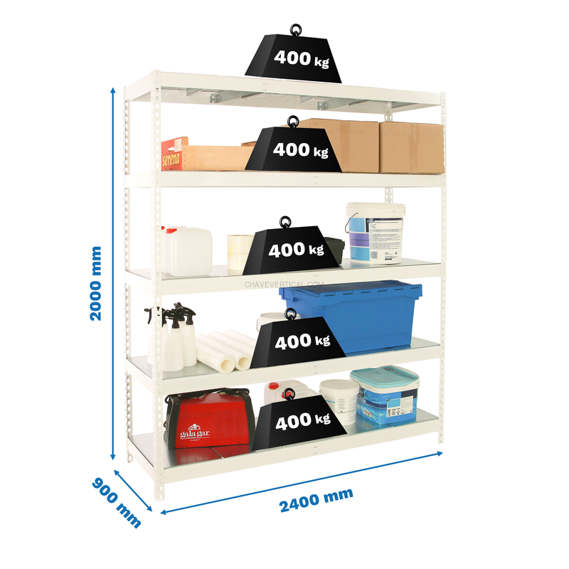 Estante Metálica SIMONFORTE 2409-5 METAL Branco/Galvanizado - 2000 x 2400 x 900 mm