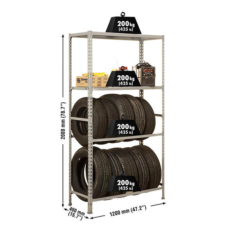 Estante Metálica SIMONGARAGE MEGAPLUS 4/400 Cinzento - 2000 x 1200 x 400 mm