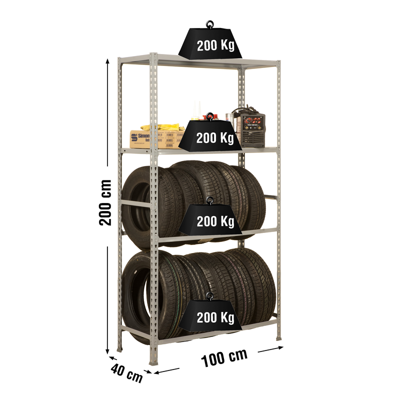 Estante Metálica SIMONGARAGE PLUS 4/400 Cinzento - 2000 x 1000 x 400 mm