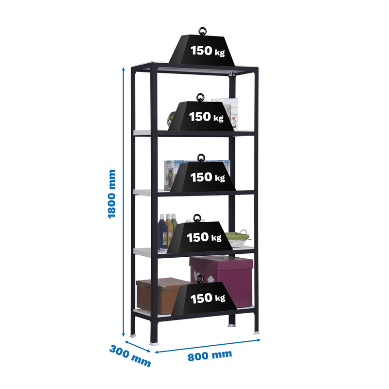 Estante Metálica SIMONHOME CLICK MINI 5/300 Antracite/Branco - 1800 x 800 x 300 mm