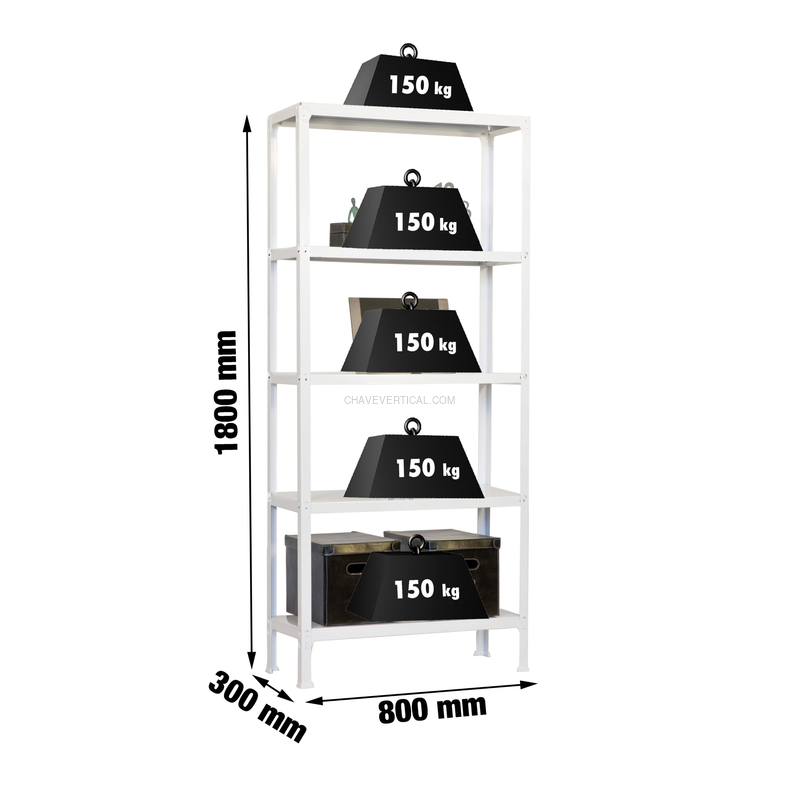 Estante Metálica SIMONHOME CLICK MINI 5/300 Branco - 1800 x 800 x 300 mm