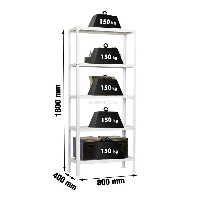 Estante Metálica SIMONHOME CLICK MINI 5/400 Branco/Branco - 1800 x 800 x 400 mm