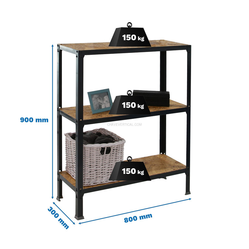 Estante Metálica SIMONHOME CLICK WOOD MINI 3/300 Antracite/OSB - 900 x 800 x 300 mm