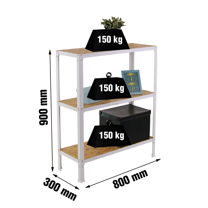 Estante Metálica SIMONHOME CLICK WOOD MINI 3/300 Branco/OSB - 900 x 800 x 300 mm