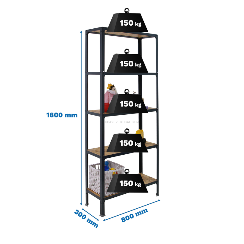 Estante Metálica SIMONHOME CLICK WOOD MINI 5/300 Antracite/OSB - 1800 x 800 x 300 mm