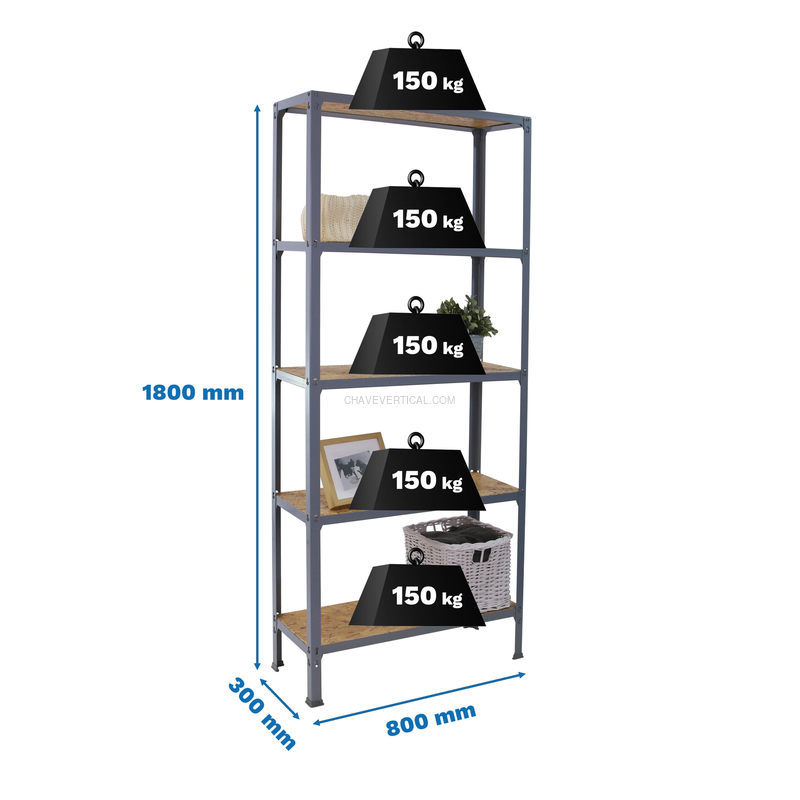 Estante Metálica SIMONHOME CLICK WOOD MINI 5/300 Cinzento/OSB - 1800 x 800 x 300 mm