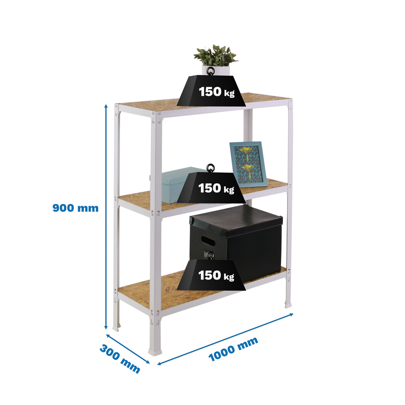 Estante Metálica SIMONHOME CLICK WOOD PLUS 3/300 Branco/OSB - 900 x 1000 x 300 mm