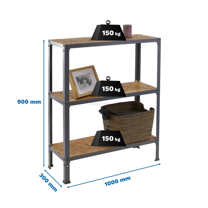 Estante Metálica SIMONHOME CLICK WOOD PLUS 3/300 Cinzento/OSB - 900 x 1000 x 300 mm
