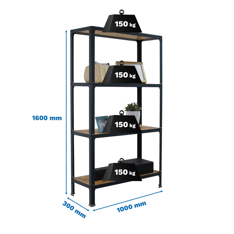 Estante Metálica SIMONHOME CLICK WOOD PLUS 4/300 Antracite/OSB - 1600 x 1000 x 300 mm
