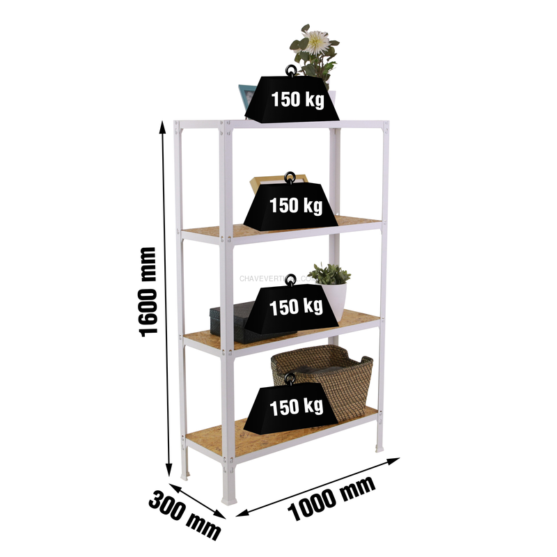 Estante Metálica SIMONHOME CLICK WOOD PLUS 4/300 Branco/OSB - 1600 x 1000 x 300 mm