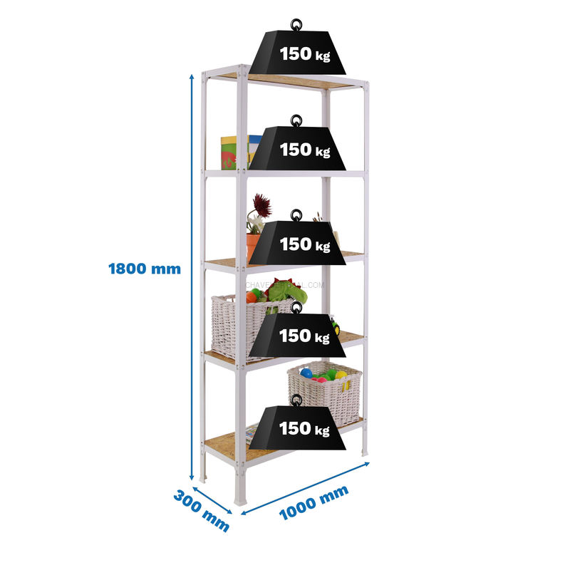 Estante Metálica SIMONHOME CLICK WOOD PLUS 5/300 Branco/OSB - 1800 x 1000 x 300 mm