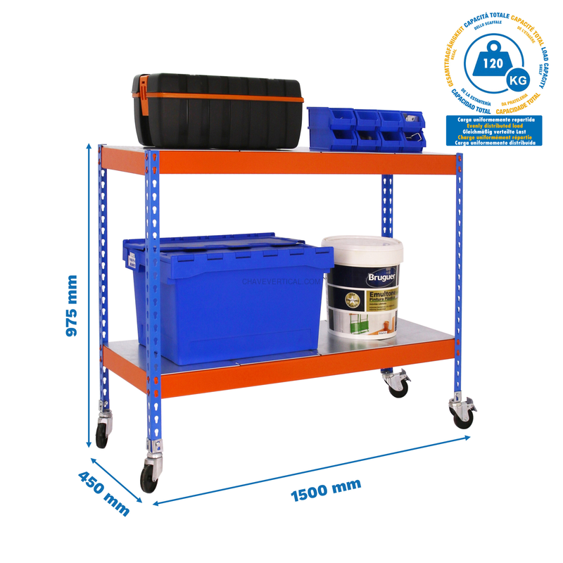 Estante Móvel ECOFORTE Móvel 1504-2 METAL 900 Azul/Laranja/Galvanizado - 975 x 1500 x 450 mm