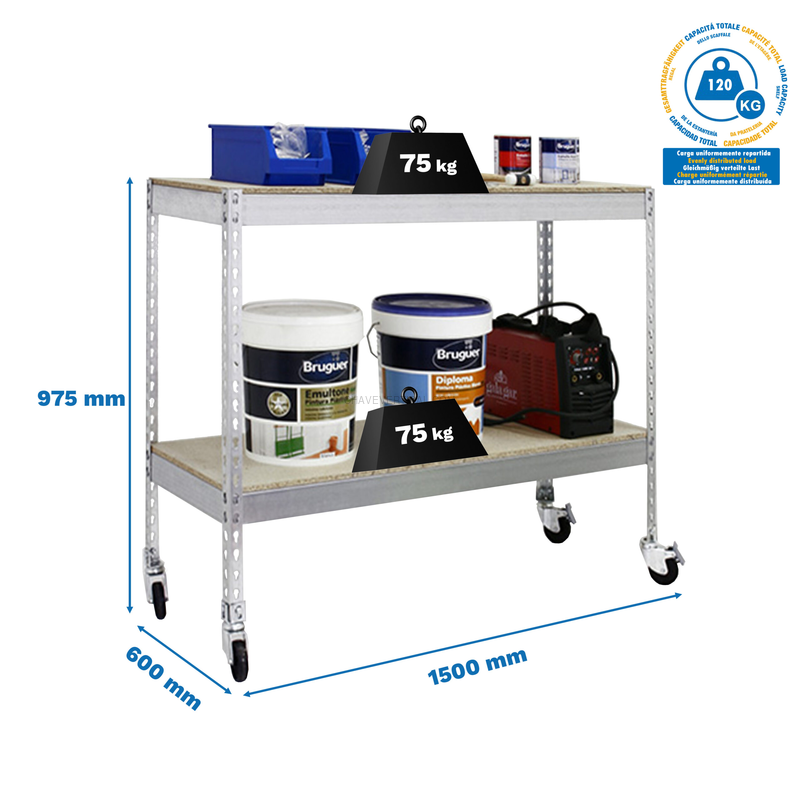 Estante Móvel ECOFORTE Móvel 1506-2 Aglomerado 900 Galvanizado/Madeira - 975 x 1500 x 600 mm