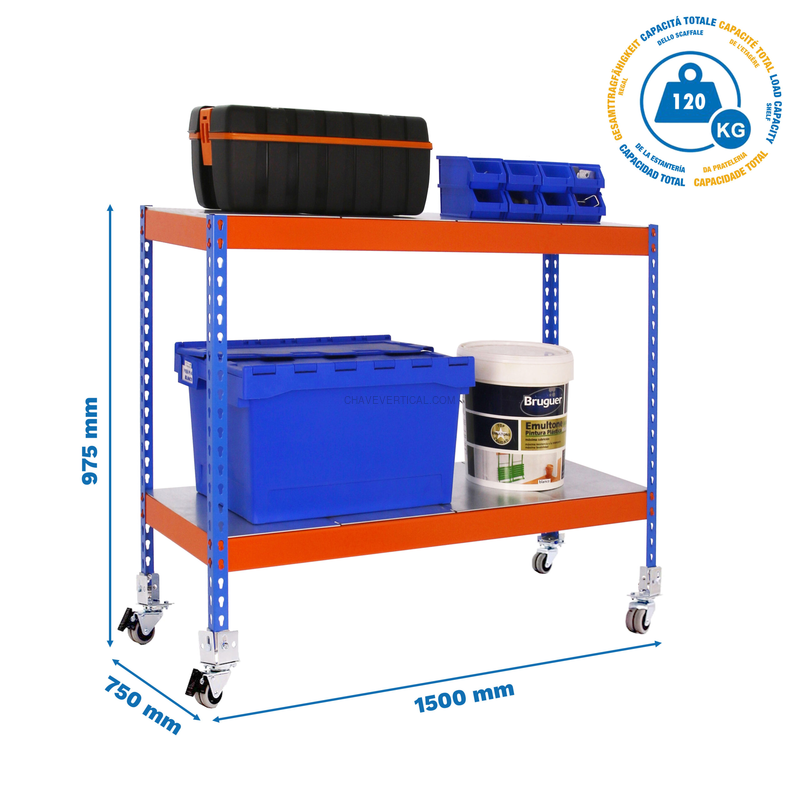 Estante Móvel ECOFORTE Móvel 1507-2 METAL 900 Azul/Laranja/Galvanizado - 975 x 1500 x 750 mm