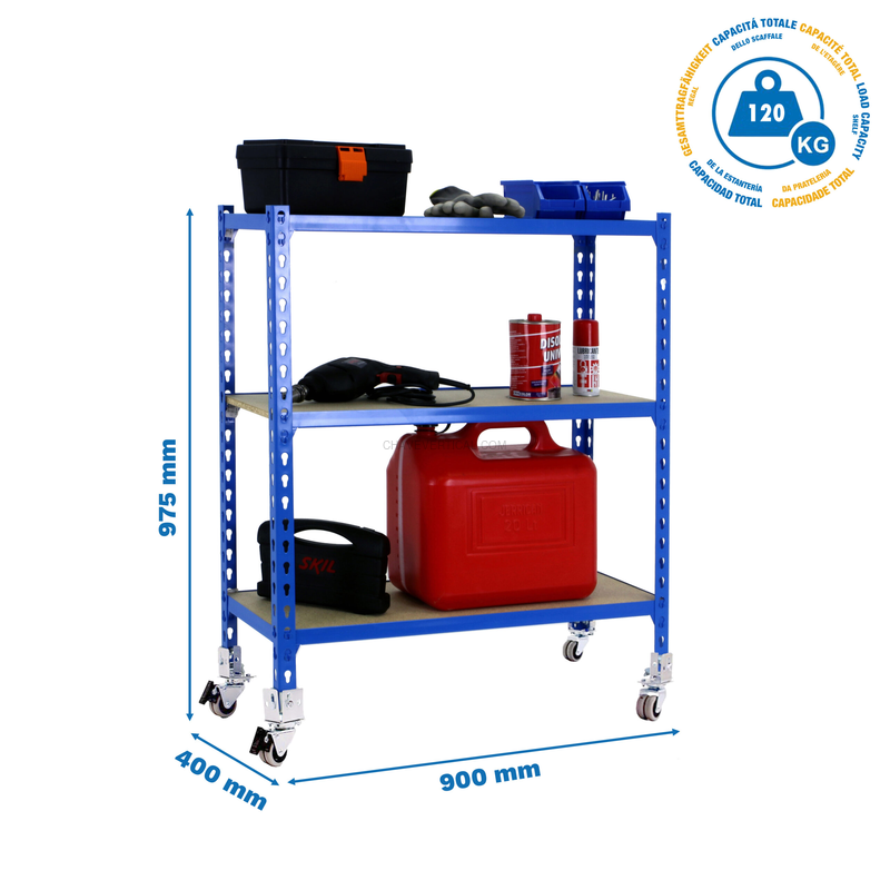 Estante Móvel MADERCLICK Móvel 3/400 900 AZUL/Madeira - 975 x 900 x 400 mm