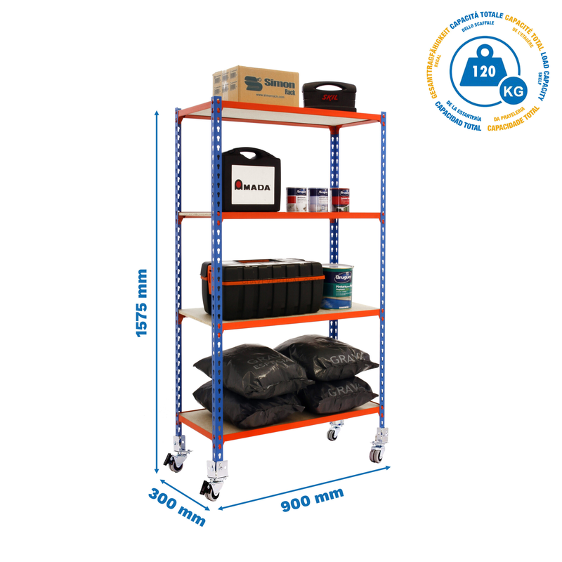 Estante Móvel MADERCLICK Móvel 4/300 1500 Azul/Laranja/Madeira - 1575 x 900 x 300 mm