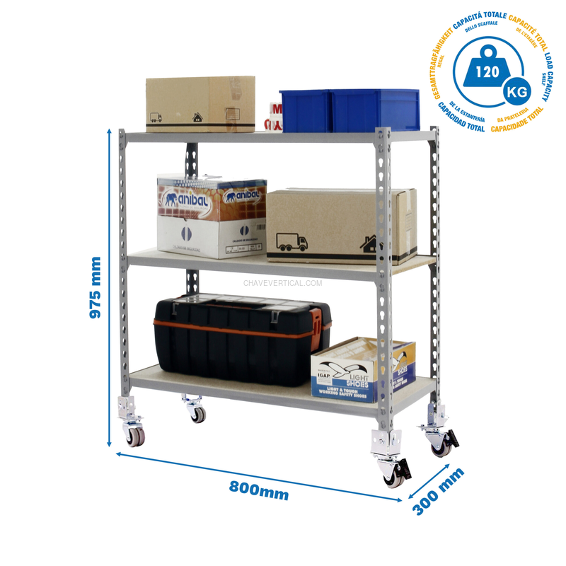 Estante Móvel MADERCLICK Móvel MINI 3/300 900 Cinzento/Madeira - 975 x 800 x 300 mm
