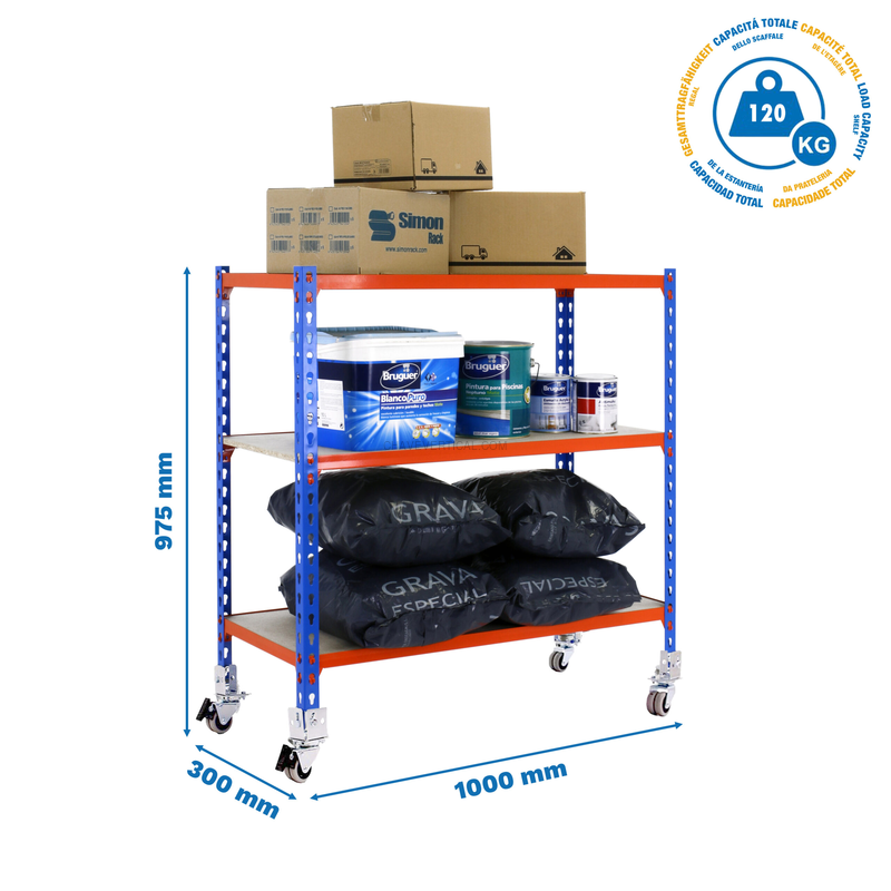 Estante Móvel MADERCLICK Móvel PLUS 3/300 900 Azul/Laranja/Madeira - 975 x 1000 x 300 mm