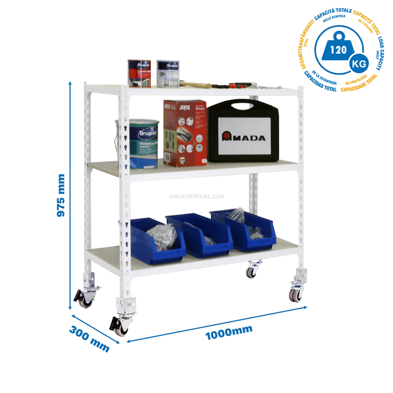 Estante Móvel MADERCLICK Móvel PLUS 3/300 900 Branco/Madeira - 975 x 1000 x 300 mm