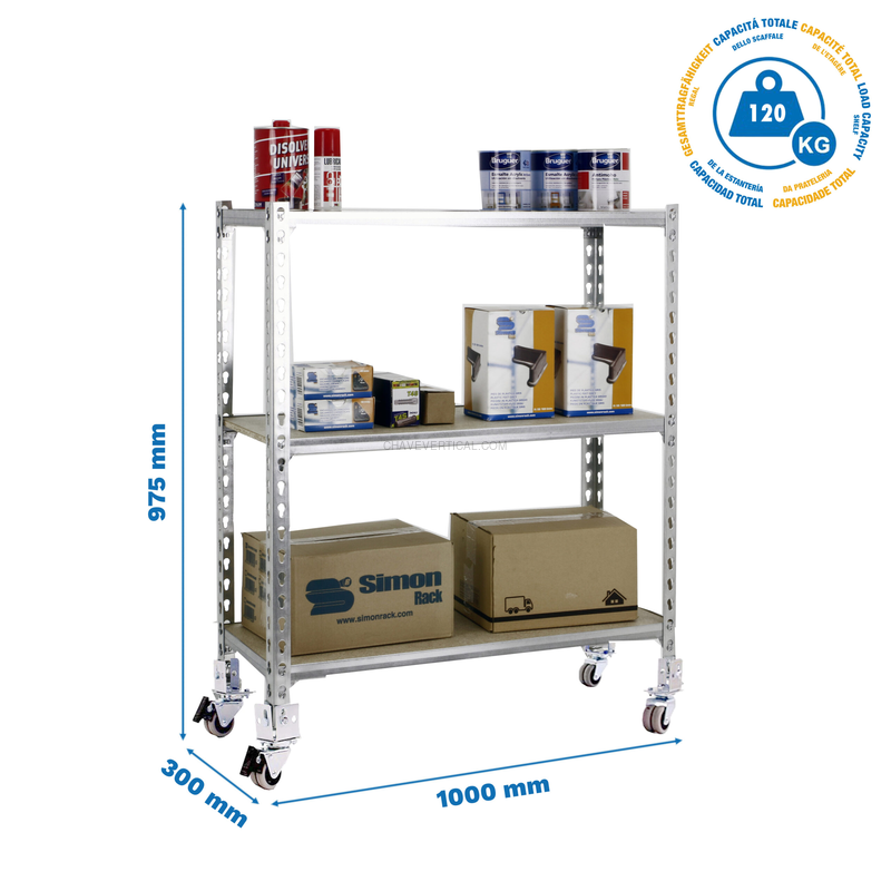 Estante Móvel MADERCLICK Móvel PLUS 3/300 900 Galvanizado/Madeira - 975 x 1000 x 300 mm