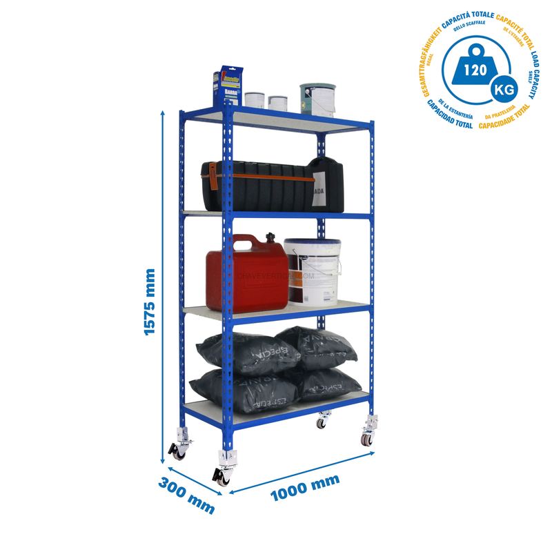 Estante Móvel MADERCLICK Móvel PLUS 4/300 1500 AZUL/Madeira - 1575 x 1000 x 300 mm