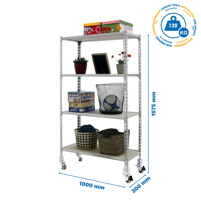 Estante Móvel MADERCLICK Móvel PLUS 4/300 1500 Galvanizado/Madeira - 1575 x 1000 x 300 mm