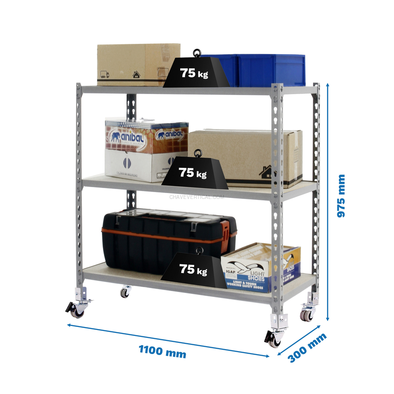 Estante Móvel MADERCLICK Móvel SUPERPLUS 3/300 900 Cinzento/Madeira - 975 x 1100 x 300 mm