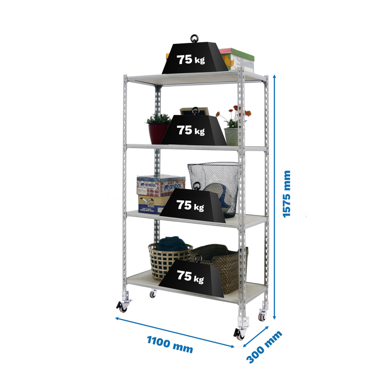 Estante Móvel MADERCLICK Móvel SUPERPLUS 4/300 1500 Galvanizado/MA - 1575 x 1100 x 300 mm