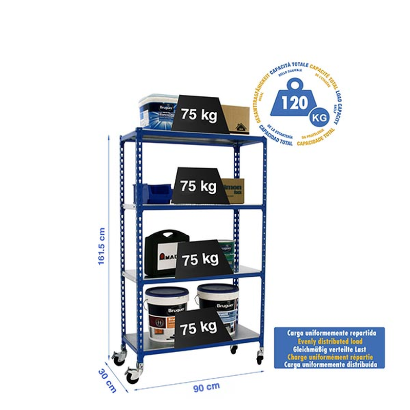 Estante Móvel SIMONCLICK Móvel 4/300 1500 AZUL/Galvanizado - 1575 x 900 x 300 mm
