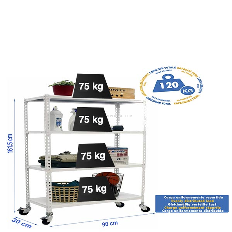 Estante Móvel SIMONCLICK Móvel 4/300 1500 Branco/Branco - 1575 x 900 x 300 mm