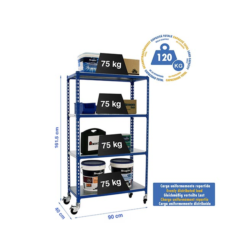 Estante Móvel SIMONCLICK Móvel 4/400 1500 AZUL/Galvanizado - 1575 x 900 x 400 mm