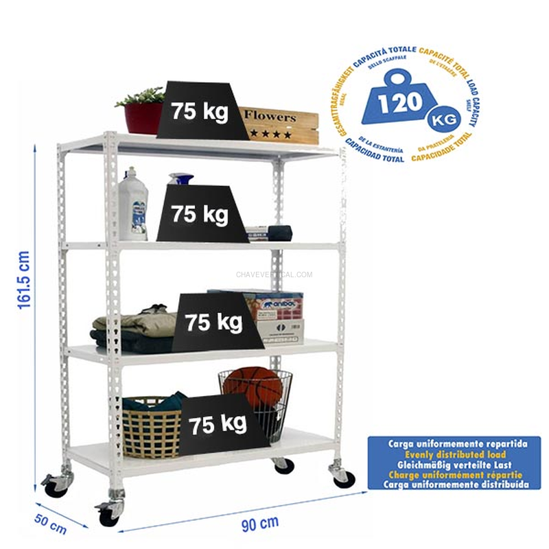 Estante Móvel SIMONCLICK Móvel 4/500 1500 Branco/Branco - 1575 x 900 x 500 mm