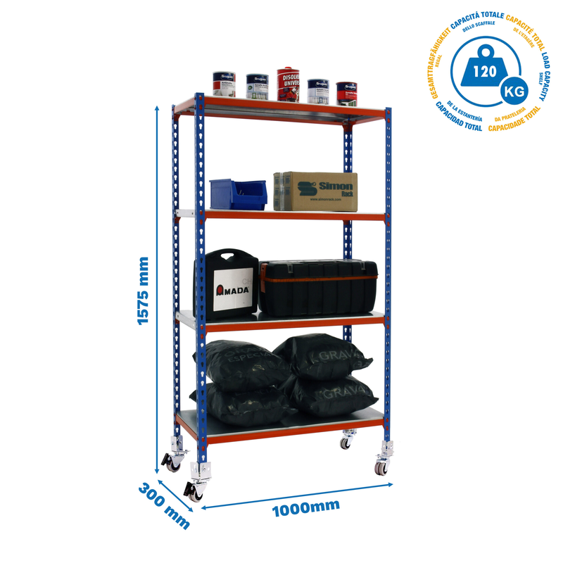 Estante Móvel SIMONCLICK Móvel PLUS 4/300 1500 AZUL/Laranja/Galvanizado - 1575 x 1000 x 300 mm