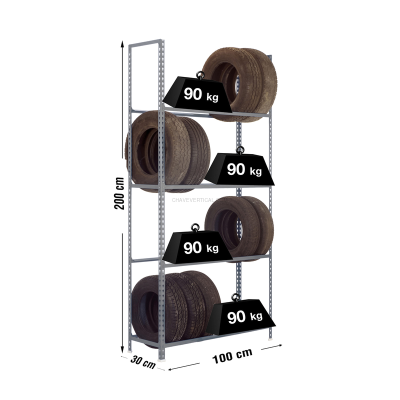 Estante para Pneus e Jantes AUTOCLICK Jantes PLUS 4/300 Cinzento - 2000 x 1000 x 300 mm