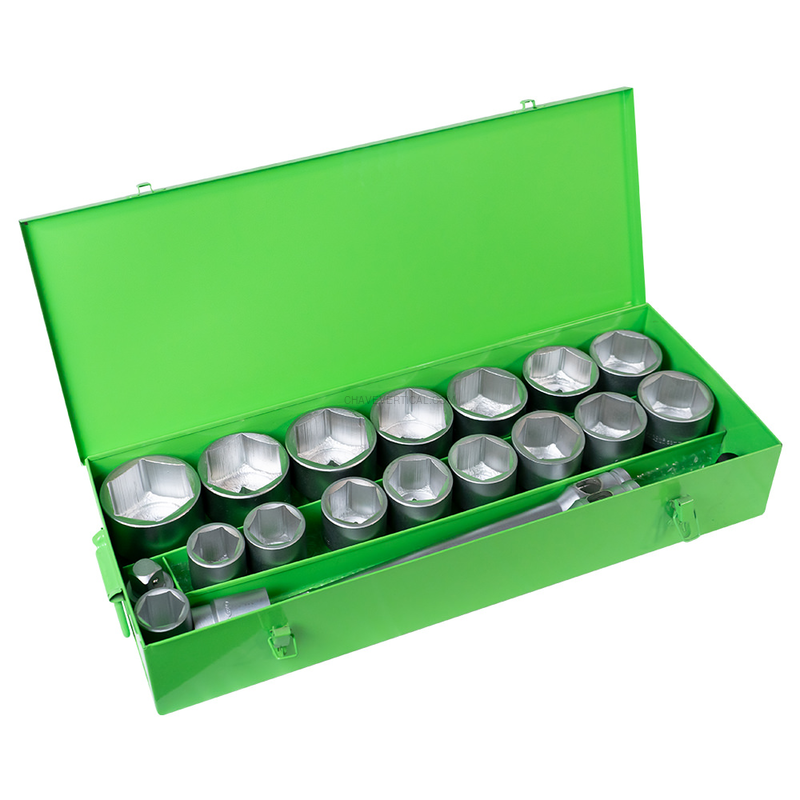 Estojo Metálico de 21 Soquetes Hexagonais 1" – Acabamento Zincado JBM